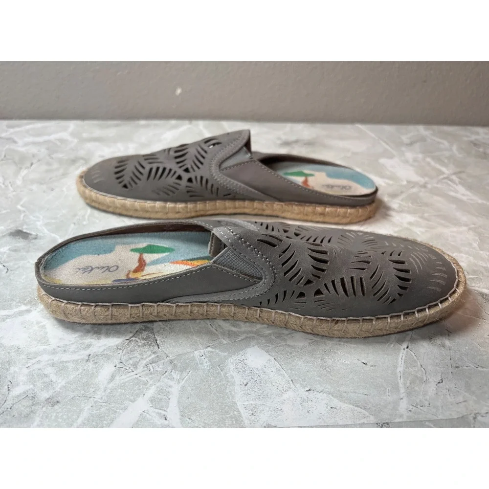 OluKai Kaula Olui Grey Leather‎ Laser Cut Espadrille Mules Slip On Shoes US 8